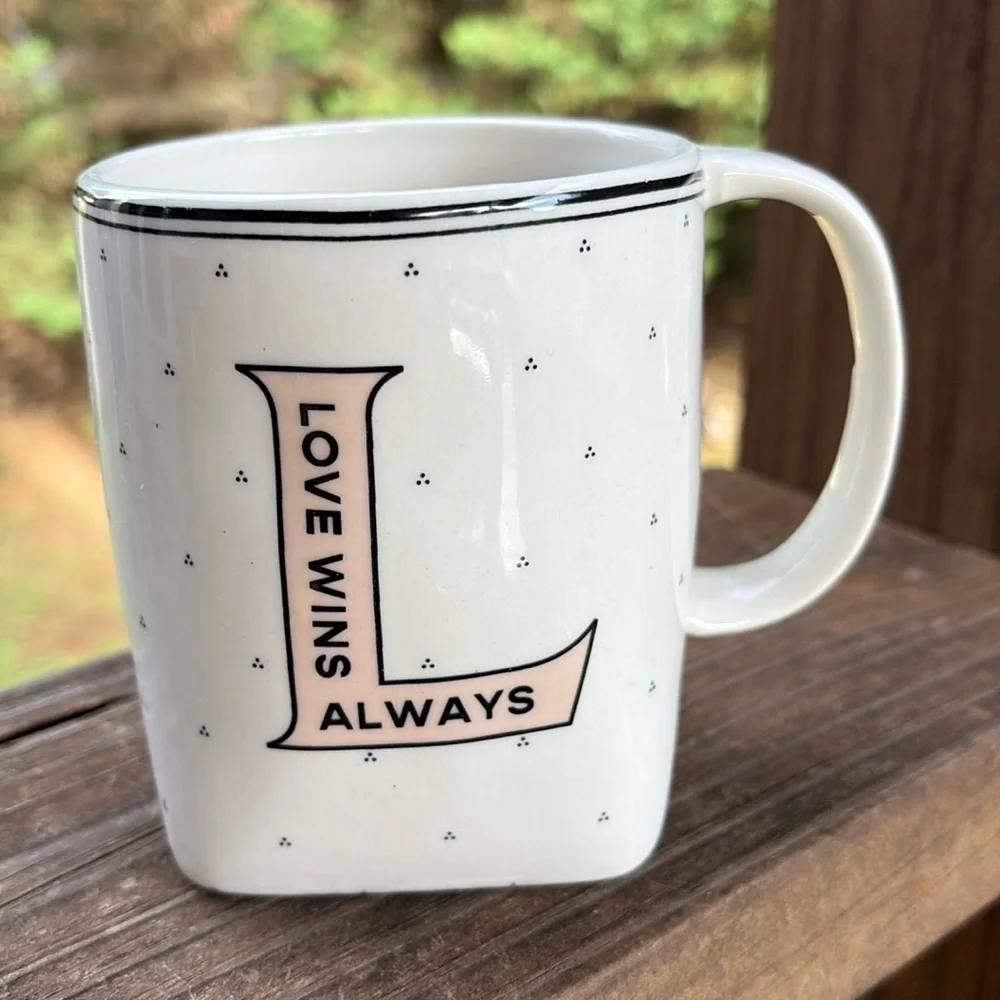 ANTHROPOLOGIE Mug Letter L Drop Cap Monogram Love Wins Always Coffee Cup